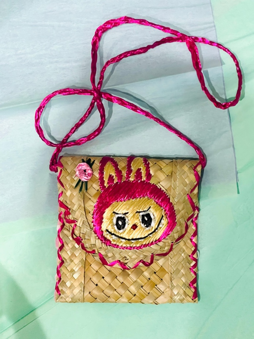 Labubu Handwoven Straw Crossbody Bag with Pink Embroidery